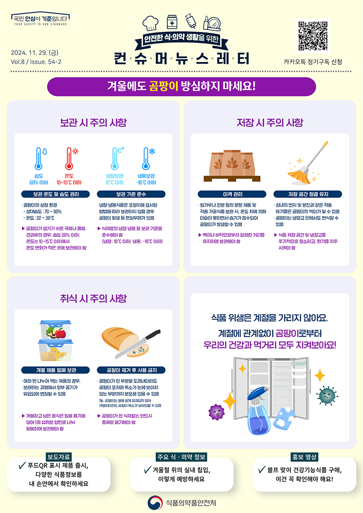 2페이지. 보관 시 주의 사항. 습도 60% 이하. 온도 10에서 15도 이하. 냉장보관 10도 이하. 냉동보관 -18도 이하. 보관 온도 및 습도 관리. 곰팡이의 성장 환경. 상대습도 : 70에서 90%. 온도 : 22에서 30도. 곰팡이가 생기기 쉬운 곡류나 콩류, 견과류의 경우, 습도 60%이하, 온도 10에서 15도 이하에서 온도 변화가 적은 곳에 보관해야 함. 보관 기준 준수. 냉장·냉동식품은 포장지에 표시된 방법에 따라 보관하지 않을 경우 곰팡이 발생 등 변질 우려가 있음. 식재료의 냉장·냉동 등 보관 기준을 준수해야 함. (냉장 10도 이하, 냉동 -18도 이하). 저장 시 주의 사항. 이격 관리. 밀가루나 전분 등의 분말 제품 및 각종 가공식품 보관 시, 온도 차에 의해 이슬이 맺히면서 습기가 흡수되어 곰팡이가 발생할 수 있음. 벽이나 바닥으로부터 일정한 거리를 유지하여 보관해야 함. 저장 공간 청결 유지. 실내의 먼지 및 분진과 같은 각종 유기물은 곰팡이의 먹이가 될 수 있음. 곰팡이는 냉장고 안에서도 번식할 수 있음. 식품 저장 공간 및 냉장고를 주기적으로 청소하고, 환기를 자주 시켜야 함. 취식 시 주의 사항. 개봉 제품 밀폐 보관. 여러 번 나누어 먹는 제품의 경우, 보관하는 과정에서 외부 공기가 유입되어 변질될 수 있음. 개봉하고 남은 음식은 밀폐 용기에 덜어 1회 섭취할 양만큼 나눠 밀봉하여 보관해야 함. 곰팡이 제거 후 사용 금지. 곰팡이가 핀 부분을 도려내더라도 곰팡이 포자와 독소가 눈에 보이지 않는 부분까지 분포해 있을 수 있음. 팁. 곰팡이는 열에 쉽게 파괴되지 않아 가열하더라도 곰팡이 독소가 남아있을 수 있음. 곰팡이가 핀 식재료는 반드시 통째로 폐기해야 함. 식품 위생은 계절을 가리지 않아요. 계절에 관계없이 곰팡이로부터 우리의 건강과 먹거리 모두 지켜보아요! 보도자료. 식약처, 푸드큐알 표시 제품 출시, 다양한 식품정보를 내 손안에서 확인하세요. 주요 식·의약 정보. 겨울철 쥐의 실내 침입, 이렇게 예방하세요. 홍보영상. 블프 맞이 건강기능식품 구매, 이건 꼭 확인해야 해요! 식품의약품안전처.