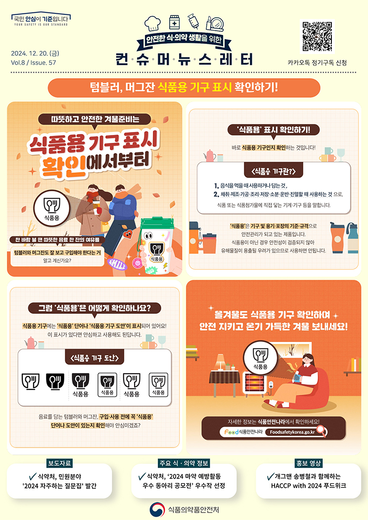 국민 안심이 기준입니다. 안전한 식의약 생활을 위한 컨슈머뉴스레터. 2024.12.20.(금) Issue.57. 텀블러, 머그잔 식품용 기구 표시 확인하기! 따뜻하고 안전한 겨울준비는 식품용 기구 표시 확인에서부터. 찬 바람 불 땐 따뜻한 음료 한 잔의 여유를. 텀블러와 머그잔도 잘 보고 구입해야 한다는 거 알고 계신가요? '식품용' 표시 확인하기! 바로 식품용 기구인지 확인하는 것입니다! 식품용 기구란? 1. 음식을 먹을 때 사용하거나 담는 것, 2. 채취&middot;제조&middot;가공&middot;조리·저장·소분·운반·진열할 때 사용하는 것으로, 식품 또는 식품첨가물에 직접 닿는 기계·기구 등을 말합니다. '식품용'은 기구 및 용기&middot;포장의 기준&middot;규격으로 안전관리가 되고 있는 제품입니다. 식품용이 아닌 경우 안전성이 검증되지 않아 유해물질이 용출될 우려가 있으므로 사용하면 안됩니다. 그럼 '식품용'은 어떻게 확인하나요? 식품용 기구에는 '식품용' 단어나 '식품용 기구 도안'이 표시되어 있어요! 이 표시가 있다면 안심하고 사용해도 된답니다. 식품용 기구 도안. 음료를 담는 텀블러와 머그잔, 구입·사용 전에 꼭 '식품용' 단어나 도안이 있는지 확인해야 안심이겠죠? 올겨울도 식품용 기구 확인하여 안전 지키고 온기 가득한 겨울 보내세요! 자세한 정보는 식품안전나라에서 확인하세요! 식품안전나라. F o o d s a f e t y k o r e a.g o.kr. 보도자료. 식약처, 민원분야 '2024 자주하는 질문집' 발간. 주요 식&middot;의약 정보. 식약처, &lsquo;2024 마약 예방활동 우수 동아리 공모전&rsquo; 우수작 선정. 홍보영상. 개그맨 송병철과 함께하는 HACCP with 2024 푸드위크. 식품의약품안전처.
