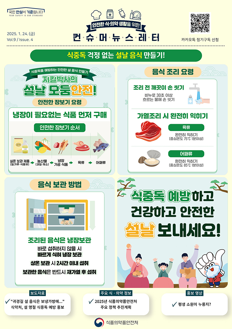국민 안심이 기준입니다. 안전한 식의약 생활을 위한 컨슈머뉴스레터. 2025.1.24.(금) Issue.4. 식중독 걱정 없는 설날 음식 만들기! 식중독을 예방하는 안전한 설 음식 만들기. 지킬박사의 설날 모둠안전! 안전한 장보기 요령. 냉장이 필요 없는 식품 먼저 구매. 안전한 장보기 순서. 실온 보관 제품(밀가루, 식용유), 농산물(과일, 채소), 냉장 가공식품, 육류, 어패류. 음식 조리 요령. 조리 전 깨끗이 손 씻기. 비누로 30초 이상 흐르는 물에 손 씻기. 가열 조리 시 완전히 익히기. 육류. 완전히 익히기(중심온도 75℃ 1분 이상). 어패류. 완전히 익히기 (중심온도 85℃ 1분 이상). 음식 보관 방법. 조리된 음식은 냉장보관. 바로 섭취하지 않을 시 빠르게 식혀 냉장 보관. 상온 보관 시 2시간 이내 섭취. 보관한 음식은 반드시 재가열 후 섭취. 식중독 예방하고 건강하고 안전한 설날 보내세요! 보도자료.