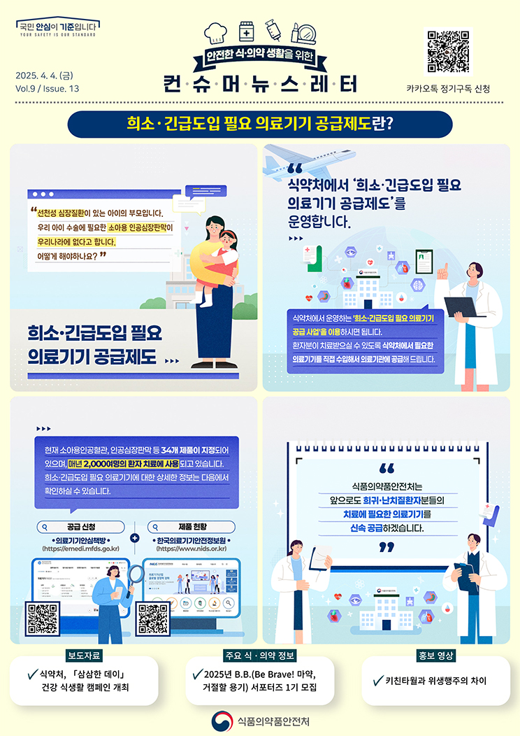 국민 안심이 기준입니다. 안전한 식의약 생활을 위한 컨슈머뉴스레터. 2025.4.4.(금) Issue.13. 희소·긴급도입 필요 의료기기 공급제도란? 