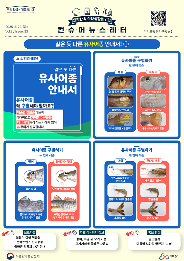 국민 안심이 기준입니다. 안전한 식의약 생활을 위한 컨슈머뉴스레터. 2025.8.22.(금) Issue.33. 같은 듯 다른 유사어종 안내서, 1! 속지 마세요! 같은 듯 다른 유사어종 안내서. 유사어종 왜 구별해야 할까요? 비슷한 겉모습 때문에 상대적으로 저렴한 수산물을 더 비싸게 구매하는 사례가 있어 주의가 필요합니다. 유사어종 구별하기. 첫 번째 레슨. 옥돔. 눈 옆 은색 삼각형 무늬. 몸통에 노란 무늬. 꼬리에 선명한 노란 줄무늬. 옥두어. 눈가에 뚜렷한 무늬 없음. 몸통에 뚜렷한 무늬 없음. 꼬리 줄무늬가 선명하지 않음. 유사어종 구별하기. 두 번째 레슨. 민어. 붉은빛 입, 등지느러미가 명확하게 두 개로 나뉘지 않음. 영상가이석태. 노란빛 입, 머리가 작음. 뾰족한 등지느러미가 명확하게 두 개로 나뉨. 유사어종 구별하기. 세 번째 레슨. 대하. 수염으로 보일 만큼 긴 더듬이. 몸통의 두세배로 긴 수염. 초록빛 꼬리. 흰다리새우. 매우 짧은 더듬이. 짧은 수염. 붉은 빛 꼬리.