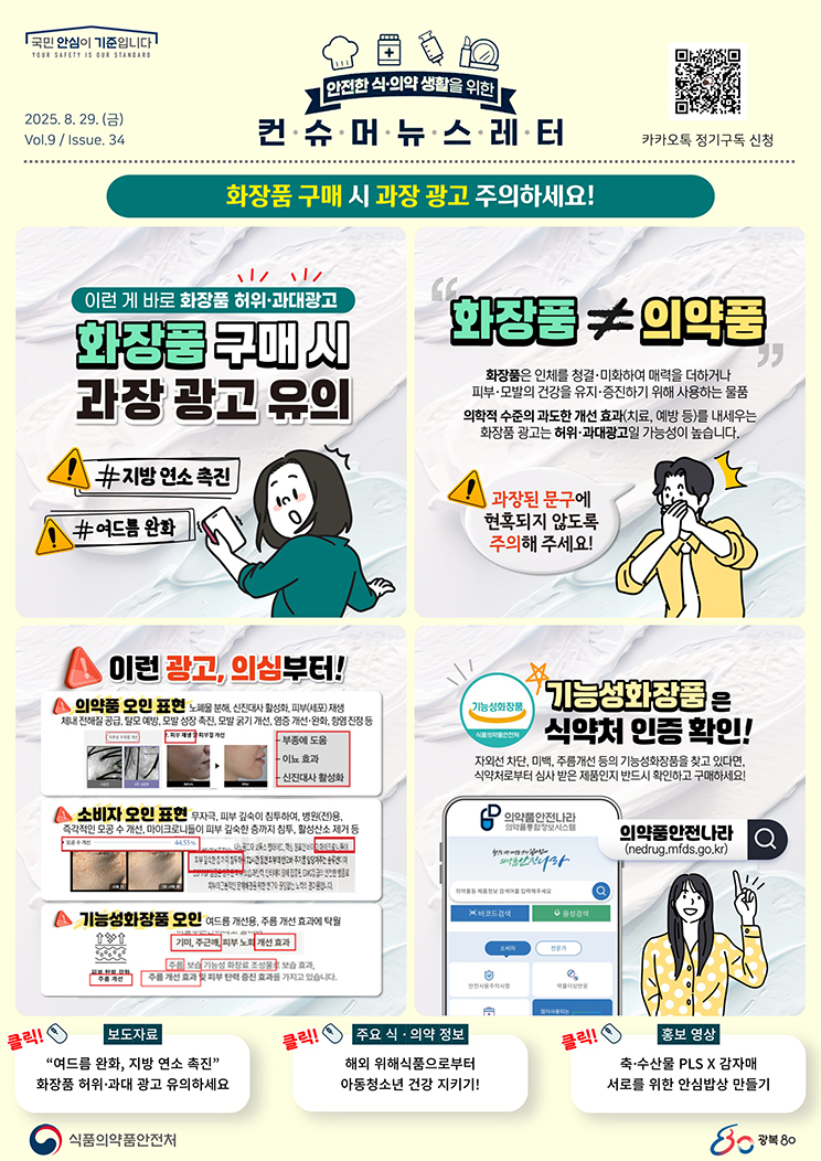 국민 안심이 기준입니다. 안전한 식의약 생활을 위한 컨슈머뉴스레터. 2025.8.29.(금) Issue.34. 화장품 구매 시 과장 광고 주의하세요! 이런 게 바로 화장품 허위·과대광고. 화장품 구매 시 과장 광고 유의. #지방 연소 촉진, #여드름 완화. 화장품은 의약품이 아닙니다. 화장품은 인체를 청결·미화하여 매력을 더하거나 피부·모발의 건강을 유지·증진하기 위해 사용하는 물품. 의학적 수준의 과도한 개선 효과(치료, 예방 등)를 내세우는 화장품 광고는 허위·과대광고일 가능성이 높습니다. 과장된 문구에 현혹되지 않도록 주의해 주세요! 이런 광고, 의심부터! 의약품 오인 표현. 노폐물 분해, 신진대사 활성화, 피부(세포) 재생, 체내 전해질 공급, 탈모 예방, 모발 성장 촉진, 모발 굵기 개선, 염증 개선·완화, 항염 진정 등. 소비자 오인 표현. 무자극, 피부 깊숙이 침투하여, 병원(전)용, 즉각적인 모공 수 개선, 마이크로니들이 피부 깊숙한 층까지 침투, 활성산소 제거 등. 기능성화장품 오인. 여드름 개선용, 주름 개선 효과에 탁월. 기능성화장품은 식약처 인증 확인! 자외선 차단, 미백, 주름개선 등의 기능성화장품을 찾고 있다면, 식약처로부터 심사 받은 제품인지 반드시 확인하고 구매하세요! 의약품안전나라(엔이디알유지점.mfds.go.kr). 보도자료. “여드름 완화, 지방 연소 촉진”. 화장품 허위·과대 광고 유의하세요. 주요 식·의약 정보. 해외 위해식품으로부터 아동청소년 건강 지키기! 홍보영상. 축·수산물 PLS, 감자매. 서로를 위한 안심밥상 만들기. 식품의약품안전처. 광복 80.