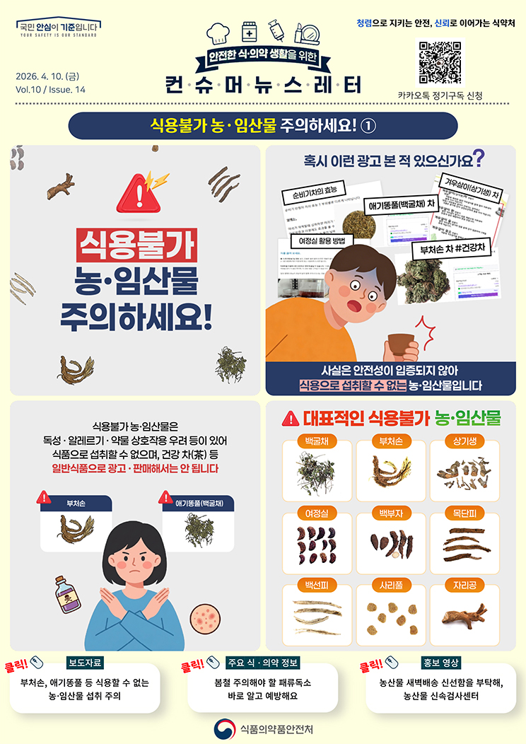 국민 안심이 기준입니다. 안전한 식의약 생활을 위한 컨슈머뉴스레터. 2026.4.10.(금) Issue.14. 식용불가 농·임산물 주의하세요, 1! 식용불가 농·임산물 주의하세요! 혹시 이런 광고 본 적 있으신가요? 순비기차의 효능, 여정실 활용 방법, 애기똥풀(백굴채) 차, 부처손 차, 건강차, 겨우살이(상기생) 차. 사실은 안전성이 입증되지 않아 식용으로 섭취할 수 없는 농·임산물입니다. 식용불가 농·임산물은 독성·알레르기·약물 상호작용 우려 등이 있어 식품으로 섭취할 수 없으며, 건강 차(茶) 등 일반식품으로 광고·판매 해서는 안됩니다! 부처손, 애기똥풀(백굴채). 대표적인 식용불가 농·임산물. 백굴채, 부처손, 상기생, 여정실, 백부자, 목단피, 백선피, 사리풀, 자리공.