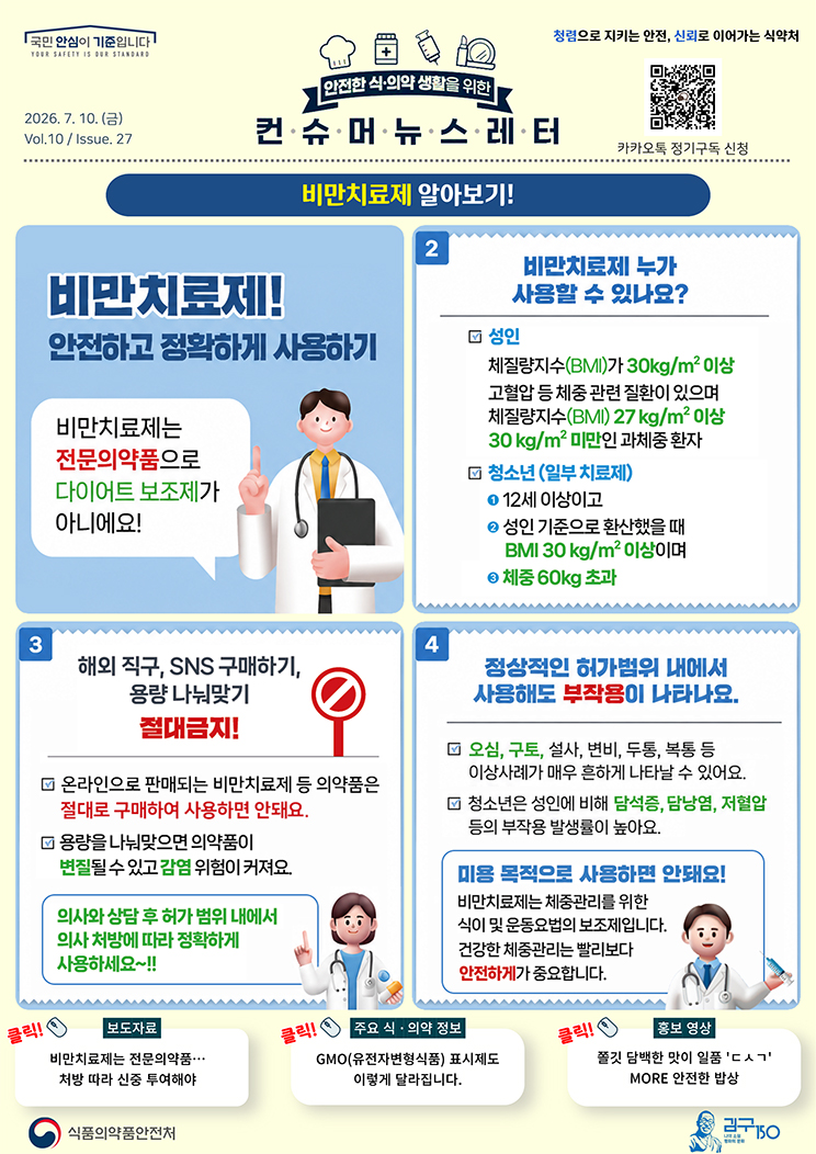 국민 안심이 기준입니다. 안전한 식의약 생활을 위한 컨슈머뉴스레터. 2026.7.10.(금) Issue.27. 비만치료제 알아보기! 비만치료제! 안전하고 정확하게 사용하기. 비만치료제는 전문의약품으로 다이어트 보조제가 아니에요! 비만치료제 누가 사용할 수 있나요? 성인. 체질량지수(BMI)가 30kg/m² 이상. 고혈압 등 체중 관련 질환이 있으며 체질량지수(BMI) 27kg/m² 이상 30kg/m² 미만인 과체중 환자. 청소년(일부 치료제). 1, 12세 이상이고, 2, 성인 기준으로 환산했을 때 BMI 30kg/m² 이상이며, 3,체중 60kg 초과. 해외 직구, SNS 구매하기, 용량 나눠맞기 절대금지! 온라인으로 판매되는 비만치료제 등 의약품은 절대로 구매하여 사용하면 안돼요. 용량을 나눠맞으면 의약품이 변질될 수 있고 감염 위험이 커져요. 의사와 상담 후 허가 범위 내에서 의사 처방에 따라 정확하게 사용하세요~!! 정상적인 허가범위 내에서 사용해도 부작용이 나타나요. 오심, 구토, 설사, 변비, 두통, 복통 등 이상사례가 매우 흔하게 나타날 수 있어요. 청소년은 성인에 비해 담석증, 담낭염, 저혈압 등의 부작용 발생률이 높아요. 미용 목적으로 사용하면 안돼요! 비만치료제는 체중관리를 위한 식이 및 운동요법의 보조제입니다. 건강한 체중관리는 빨리보다 안전하게가 중요합니다. 보도자료. 비만치료제는 전문의약품... 처방 따라 신중 투여해야. 주요 식·의약 정보. GMO(유전자변형식품) 표시제도 이렇게 달라집니다. 홍보 영상. 쫄깃 담백한 맛이 일품 '디귿 시옷 기억'. MORE 안전한 밥상. 식품의약품안전처.