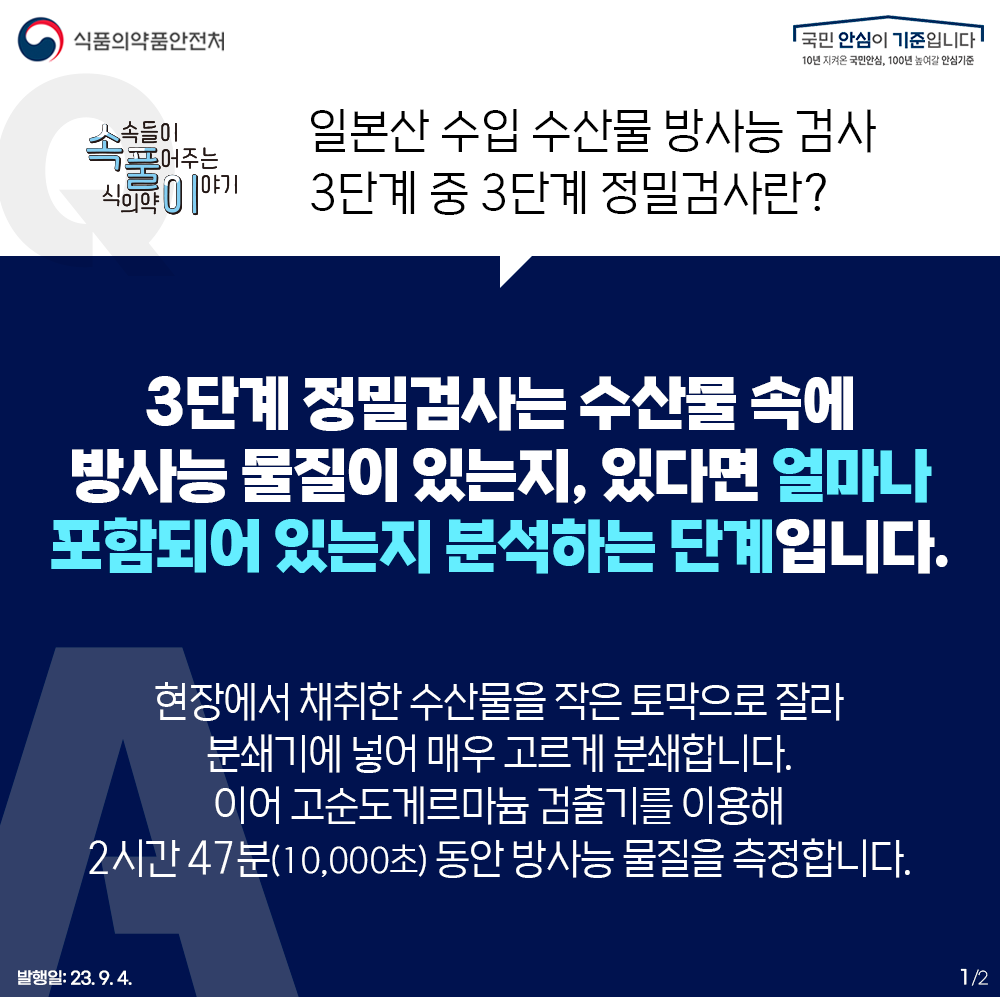 Q. 일본산 수입 수산물 방사능 검사 3단계 중 3단계 '정밀검사'란?  ？  A. 3단계 정밀검사는 수산물 속에 방사능 물질이 있는지,  있다면 얼마나 포함되어 있는지 분석하는 단계입니다.   현장에서 채취한 수산물을 작은 토막으로 잘라 분쇄기에 넣어 매우 고르게 분쇄합니다.  이어 고순도게르마늄 검출기를 이용해 2시간 47분(10,000초) 동안 방사능 물질을 측정합니다.