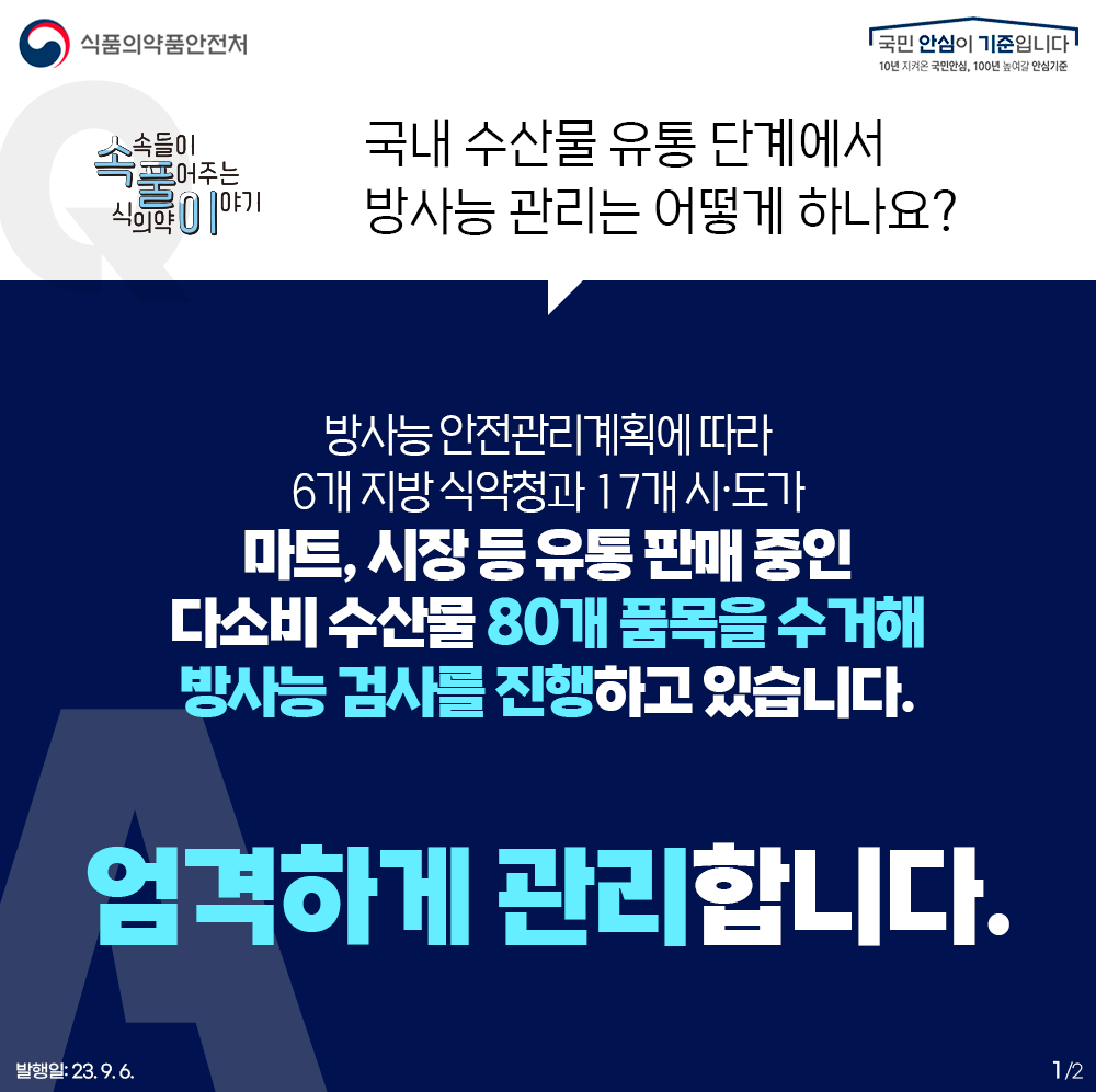 A. 방사능 안전관리계획에 따라 6개 지방 식약청과 17개 시·도가  마트, 시장 등 유통 판매 중인 다소비 수산물   80개 품목을 수거해 방사능 검사를 진행하고 있습니다.   ？  엄격하게 관리합니다.