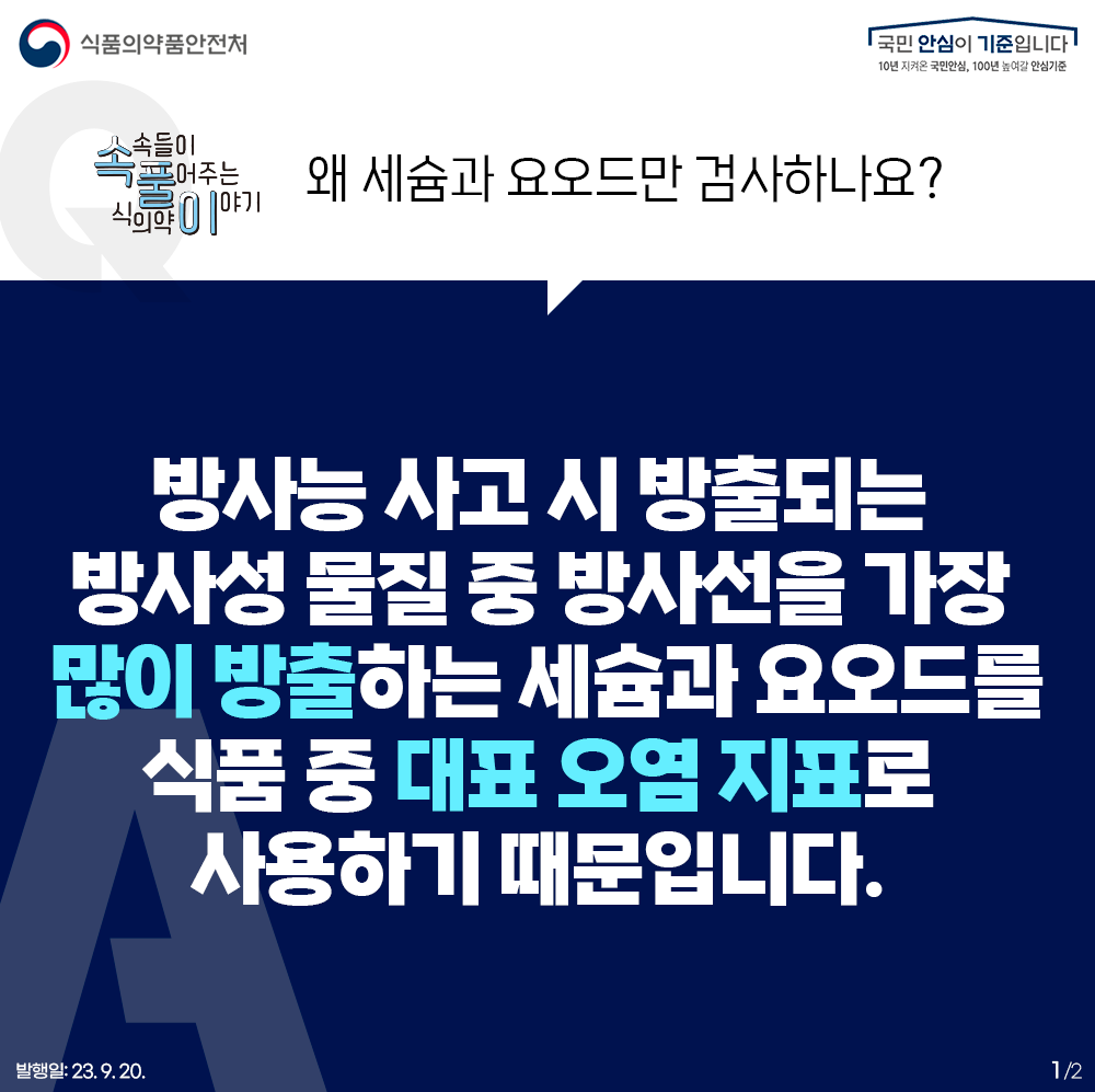 Q. 왜 세슘과 요오드만 검사하나요?  ？  A. 방사능 사고 시 방출되는 방사성 물질 중 방사선을 가장  많이 방출？하는 세슘과 요오드를 식품 중 대표 오염 지표로 사용하기 때문입니다.