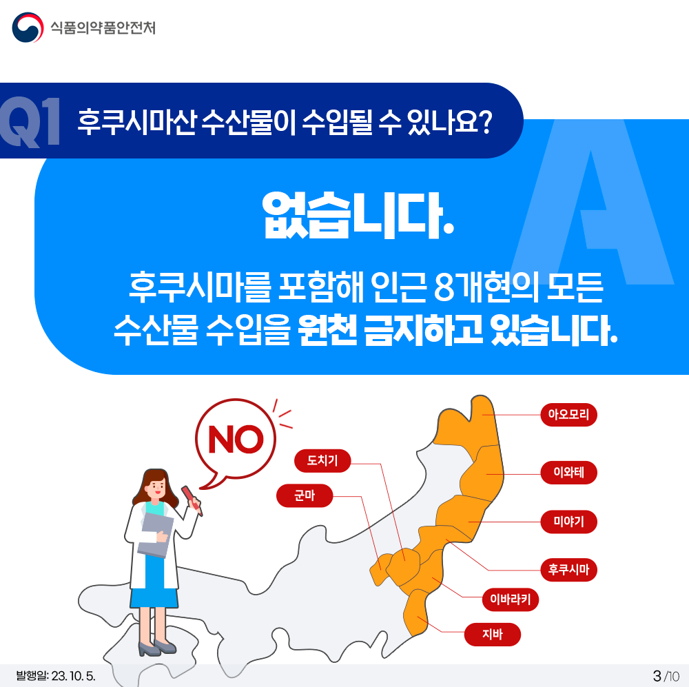 Q1. 후쿠시마산 수산물이 수입될 수 있나요? 없습니다. 후쿠시마를 포함해 인근 8개현의 모든 수산물 수입을 원천 금지하고 있습니다.