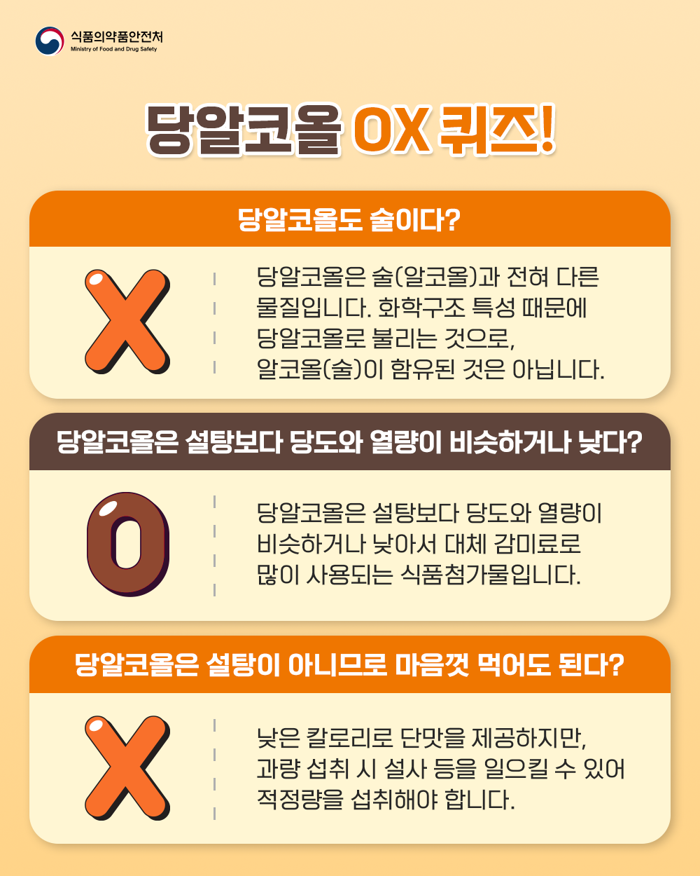 5. 당알코올 OX 퀴즈!  -당알코올도 술이다?  당알코올은 술(알코올)과 전혀 다른 물질입니다. 화학구조 특성 때문에 당알코올로 불리는 것으로, 알코올(술)이 함유된 것은 아닙니다.  -당알코올은 설탕보다 당도와 열량이 비슷하거나 낮다?  당알코올은 설탕보다 당도와 열량이 비슷하거나 낮아서 대체 감미료로 많이 사용되는 식품첨가물입니다.  - 당알코올은 설탕이 아니므로 마음껏 먹어도 된다?  낮은 칼로리로 단맛을 제공하지만, 과량 섭취 시 설사 등을 일으킬 수 있어 적정량을 섭취해야 합니다.