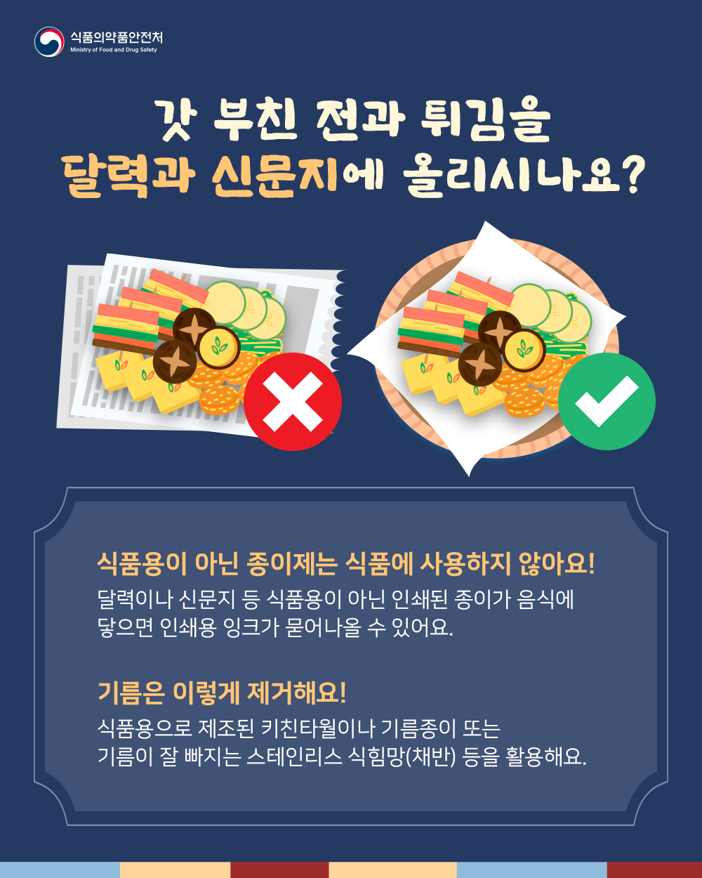 갓 부친 전과 튀김을 달력과 신문지에 올리시나요? 식품용이 아닌 종이제는 식품에 사용하지 않아요! 달력이나 신문지 등 식품용이 아닌 인쇄된 종이가 음식에 닿으면 인쇄용 잉크가 묻어나올 수 있어요. 기름은 이렇게 제거해요! 식품용으로 제조된 키친타월이나 기름이 잘 빠지는 스테인리스 식힘망(채반)등을 활용해요.