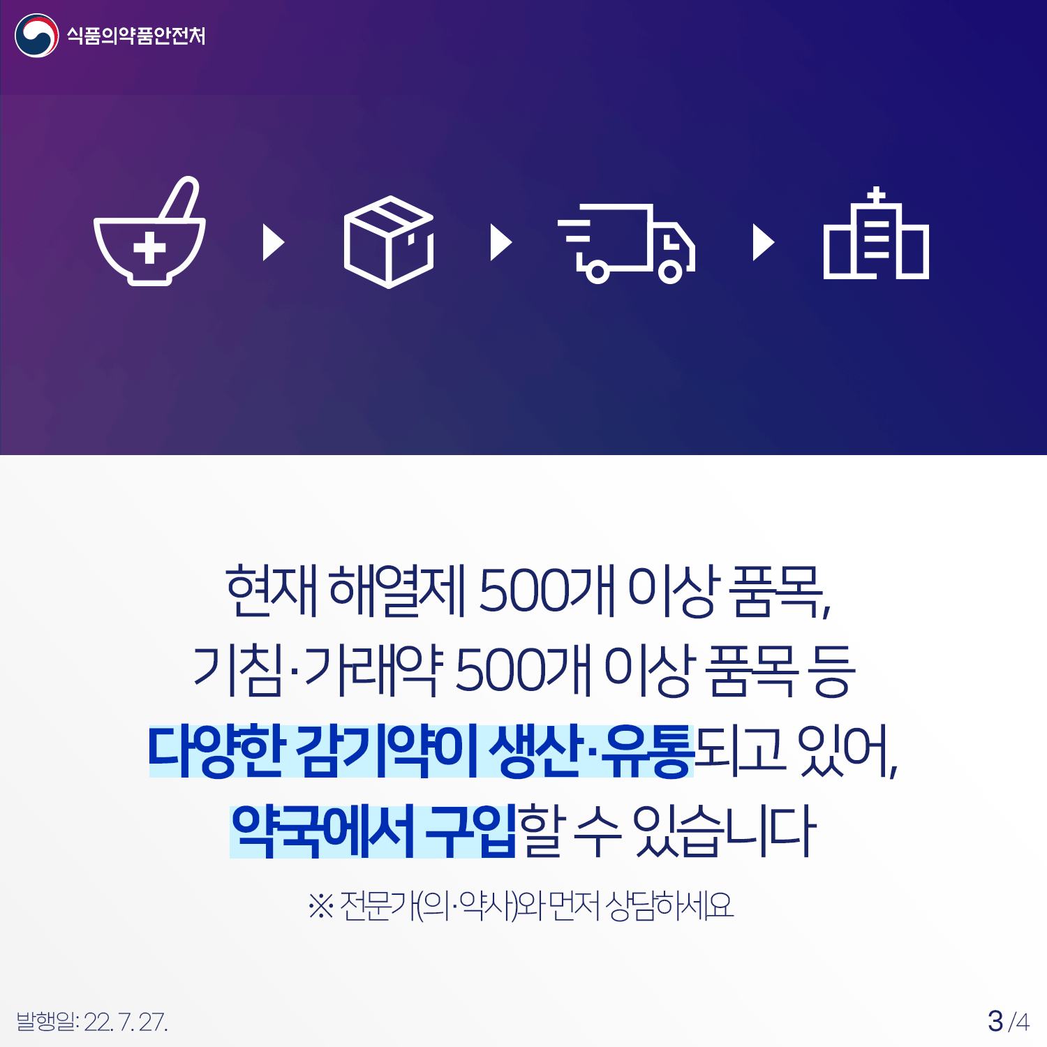 현재 해열제 500개 이상 품목, 기침가래약 500개 이상 품목 등 다양한 감기약이 생산, 유통되고 있어 약국에서 구입할 수 있습니다.(의사나 약사와 먼저 상담하세요) 