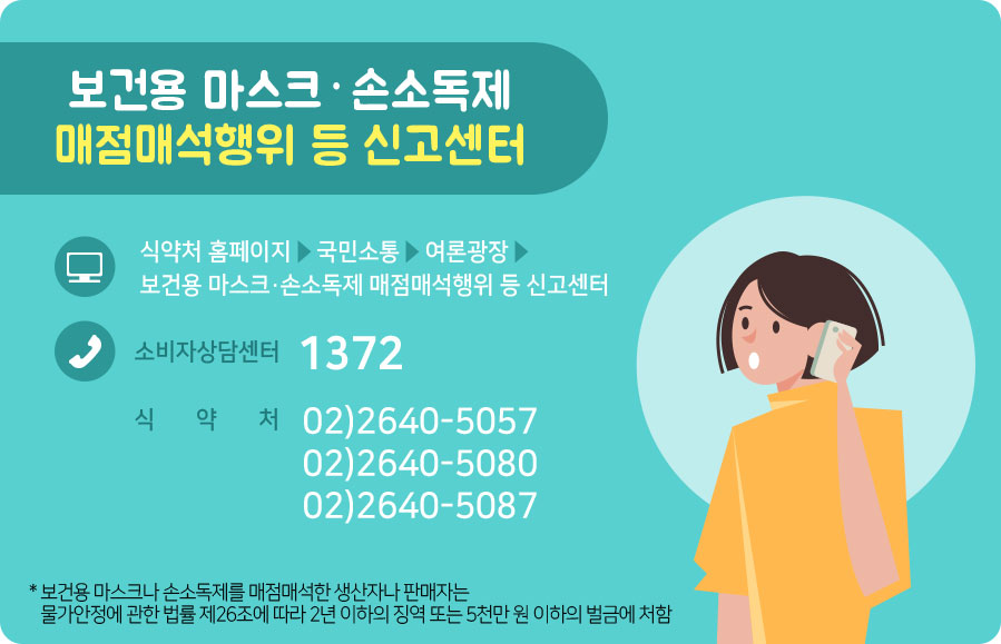 보건용 마스크·손소독제 매점매석행위 등 신고센처. 식약처 홈페이지→국민소통→여론광장→보건용 마스크·손소독제 매점매석행위 등 신고센터. 소비자상담센터:1372. 식약처:02)2640-5057, 02)2640-5080, 02)2640-5087. ※보건용 마스크나 손소독제를 매점매석한 생산자나 판매자는 물가안정에 관한 법률 제26조에 따라 2년 이하의 징역 또는 5천만 원 이하의 벌금에 처함