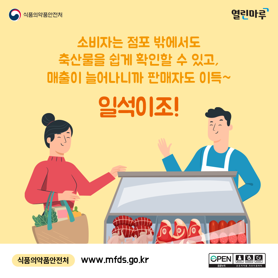 소비자는 점포 밖에서도 축산물을 쉽게 확인할 수 있고, 매출이 늘어나니까 판매자도 이득~ 일석이조! 식품의약품안전처:www.mfds.go.kr, 공공누리 OPEN, 공공저작물 자유이용허락. 출처표시, 상업용금지, 변경금지.