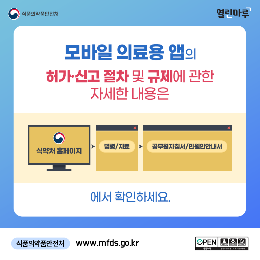 모바일 의료용 앱의 허가·신고 절차 및 규제에 관한 자세한 내용은 '식약처 홈페이지' > '법령/자료' > '공무원지침서/민원인안내서'에서 확인하세요. 식품의약품안전처 www.mfds.go.kr