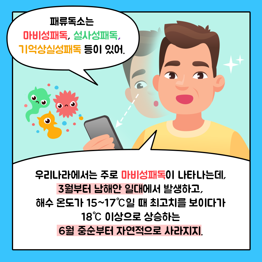 아빠 '패류독소는 마비성패독, 설사성패독, 기억상실성패독 등이 있어. 우리나라에서는 주로 마비성패독이 나타나는데, 3월부터 남해안 일대에서 발생하고, 해수 온도가 15~17℃일 때 최고치를 보이다가 18℃ 이상으로 상승하는 6월 중순부터 자연적으로 사라지지.'