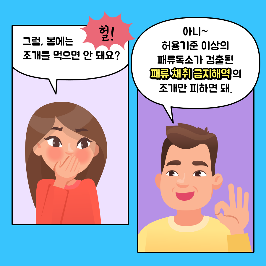 딸 '헐!! 그럼, 봄에는 조개를 먹으면 안 돼요?' 아빠 '아니~ 허용기준 이상의 패류독소가 검출된 패류 채취 금지해역의 조개만 피하면 돼.''