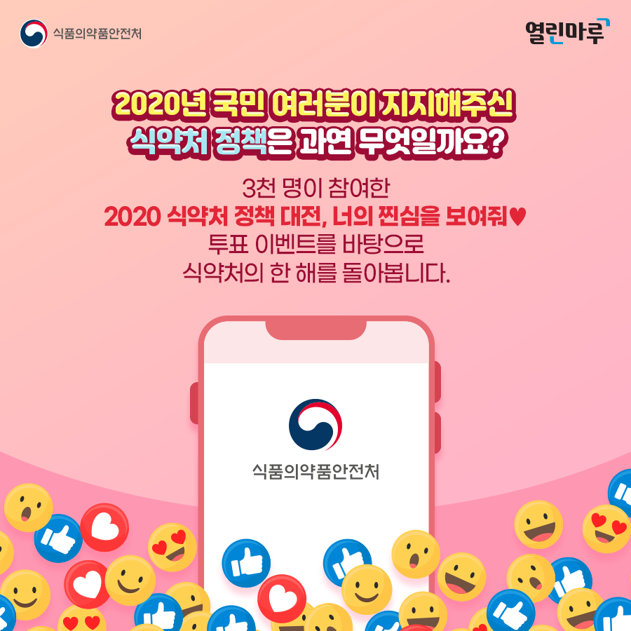 '2020년 국민 여러분이 지지해주신 식약처 정책은 과연 무엇일까요?' 3천 명이 참여한 2020 식약처 정책 대전, 너의 찐심을 보여줘♥ 투표 이벤트를 바탕으로 식약처의 한 해를 돌아봅니다.