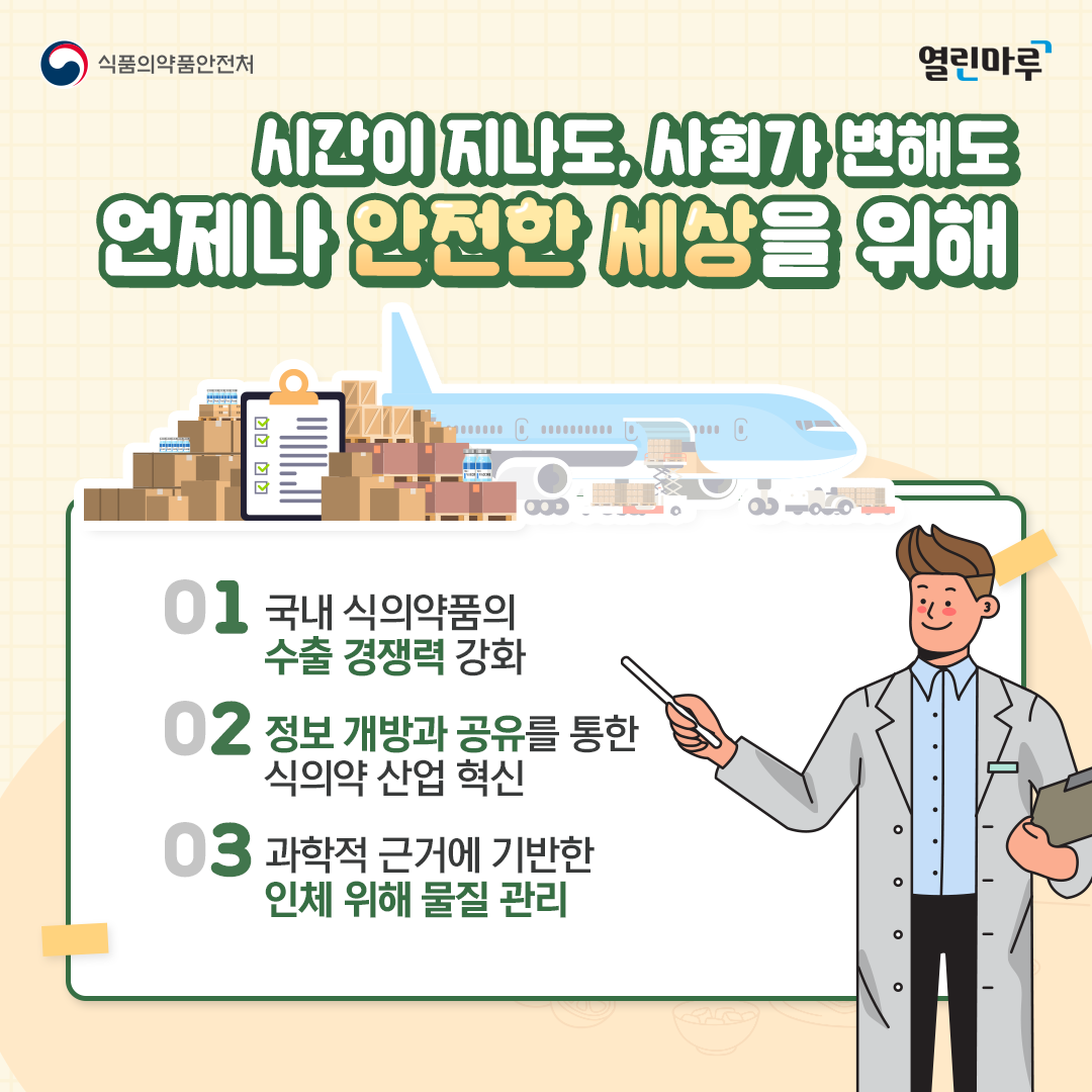 시간이 지나도, 사회가 변해도 언제나 안전한 세상을 위해 1. 국내 식의약품의 수출 경쟁력 강화 2. 정보 개방과 공유를 통한 신의약 산업 혁신 3. 과학적 근거에 기반한 인체 위해 물질 관리