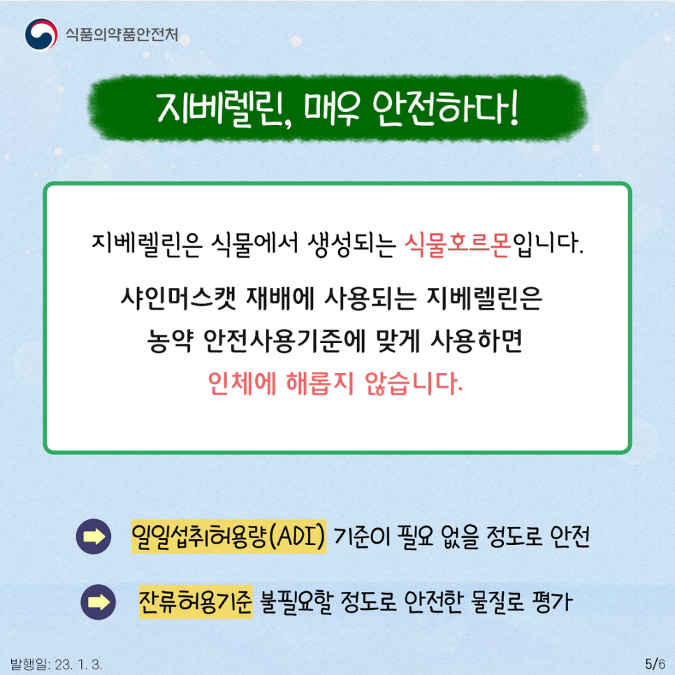 ​“샤인머스켓에 지베렐린이라는 농약이 사용되기 때문에 성조숙증이 유발되는건가요?“
그렇지 않습니다! 지베렐린은 식물에서 생성되는 식물호르몬입니다. 또한 샤인머스캣 재배에 사용되는 지베렐린은 농약 안전사용기준에 맞게 사용하면 인체에 해롭지 않습니다.
​일반적인 농약은 일일섭취허용량(ADI)이라는 매일매일 평생동안 섭취해도 유해영향을 나타내지 않는 1인당 1일 최대섭취허용량을 정해서 관리하는데요. 이 물질들은 모두 허용량을 정하지 않아도 될 정도로 안전한 물질이며, 잔류허용기준 또한 불필요할 정도로 안전한 물질로 평가되고 있습니다.
그렇지만, 샤인머스캣 재배 시 해충 제거 등을 위해 다른 농약들이 사용될 수도 있습니다. 이런 경우 유해 농약이 남아있을 수 있어 올바르게 세척 후 섭취해야 하는데요. 껍질이 있는 경우 대부분의 농약은 껍질을 벗기면 제거되며, 일부 식초물이나 소금물을 사용하는 경우도 있는데 수돗물과 세척효과는 비슷합니다.