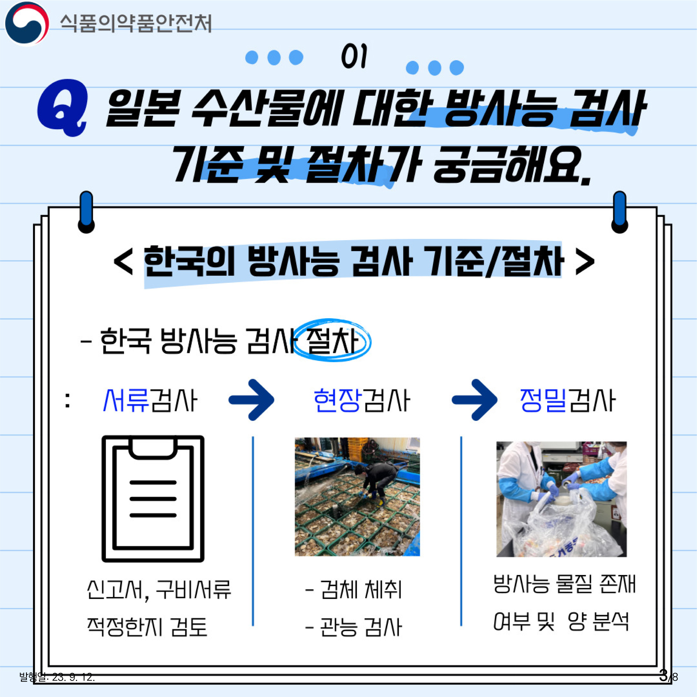 3.
01 일본 수산물에 대한 방사능 검사 기준 및 절차가 궁금해요
<한국의 방사능 검사 기준/절차>

-한국 방사능 검사 절차 : 

서류검사 → 현장검사 → 정밀검사

서류검사 : 신고서, 구비서류 적정한지 검토
현장검사 : 검체 체취, 관능 검사
정밀검사 : 방사능 물질 존재 여부 및 양 분석