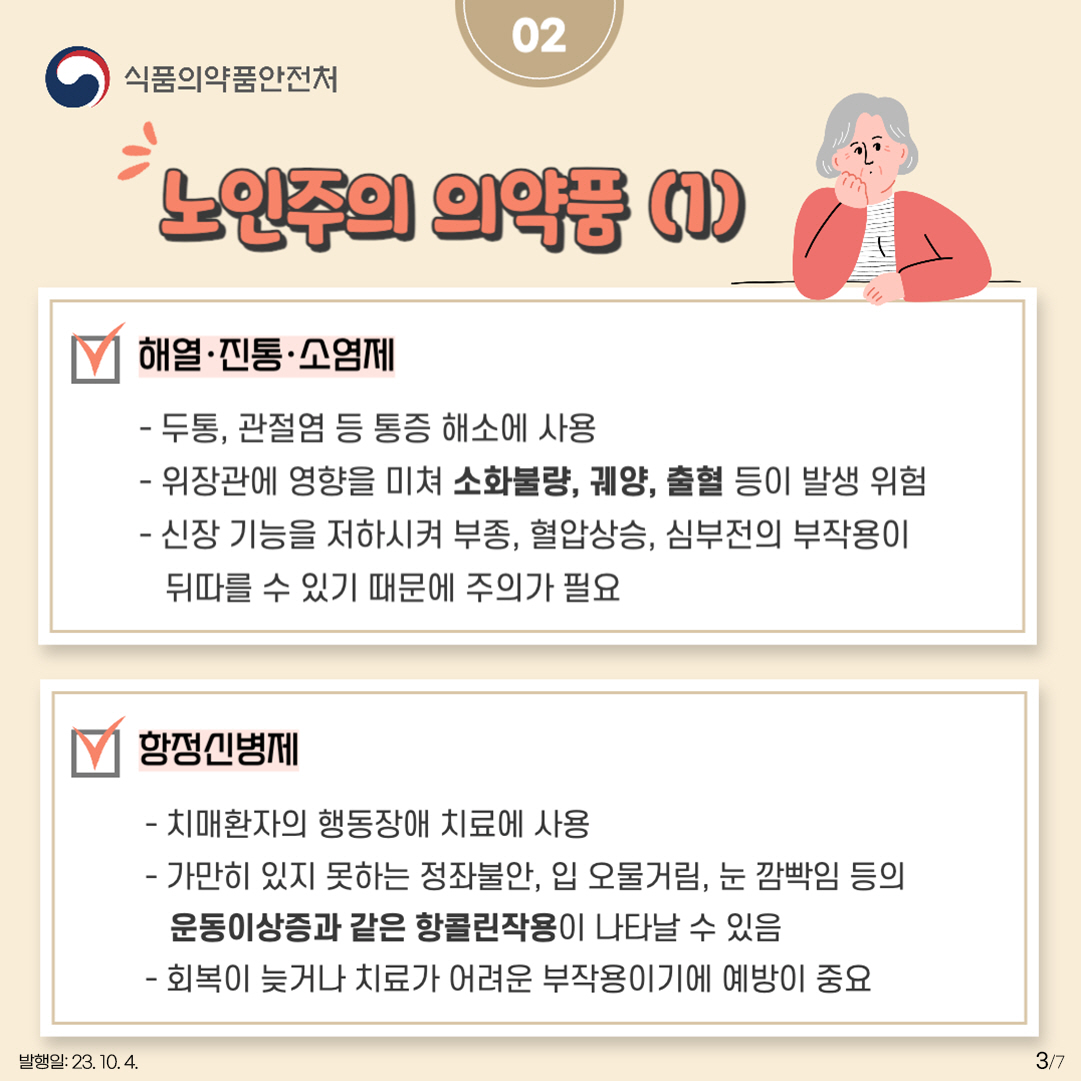 3.
02 노인주의 의약품(1)

<해열·진통·소염제>
- 두통, 관절염 등 통증 해소에 사용
- 위장관에 영향을 미쳐 소화불량, 궤양, 출혈 등이 발생 위험 
- 신장 기능을 저하시켜 부종, 혈압상승, 심부전의 부작용이 뒤따를 수 있기 때문에 주의가 필요

<항정신병제>

- 치매환자의 행동장애 치료 등에 사용
- 가만히 있지 못하는 정좌불안, 입 오물거림, 눈 깜빡임 등의 운동 이상증과 같은 항콜린작용이 나타날 수 있음
- 회복이 늦거나 치료가 어려운 부작용이기에 예방이 중요