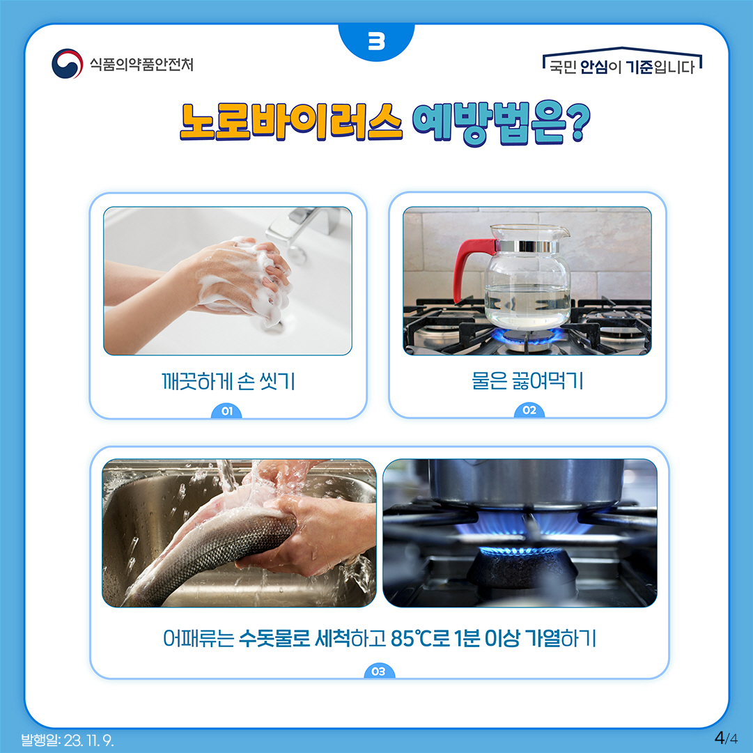 4.
노로바이러스 예방법은?

1) 깨끗하게 손 씻기
2) 물은 끓여먹기
3) 어패류는 수돗물로 세척하고 85℃로 1분이상 가열하기