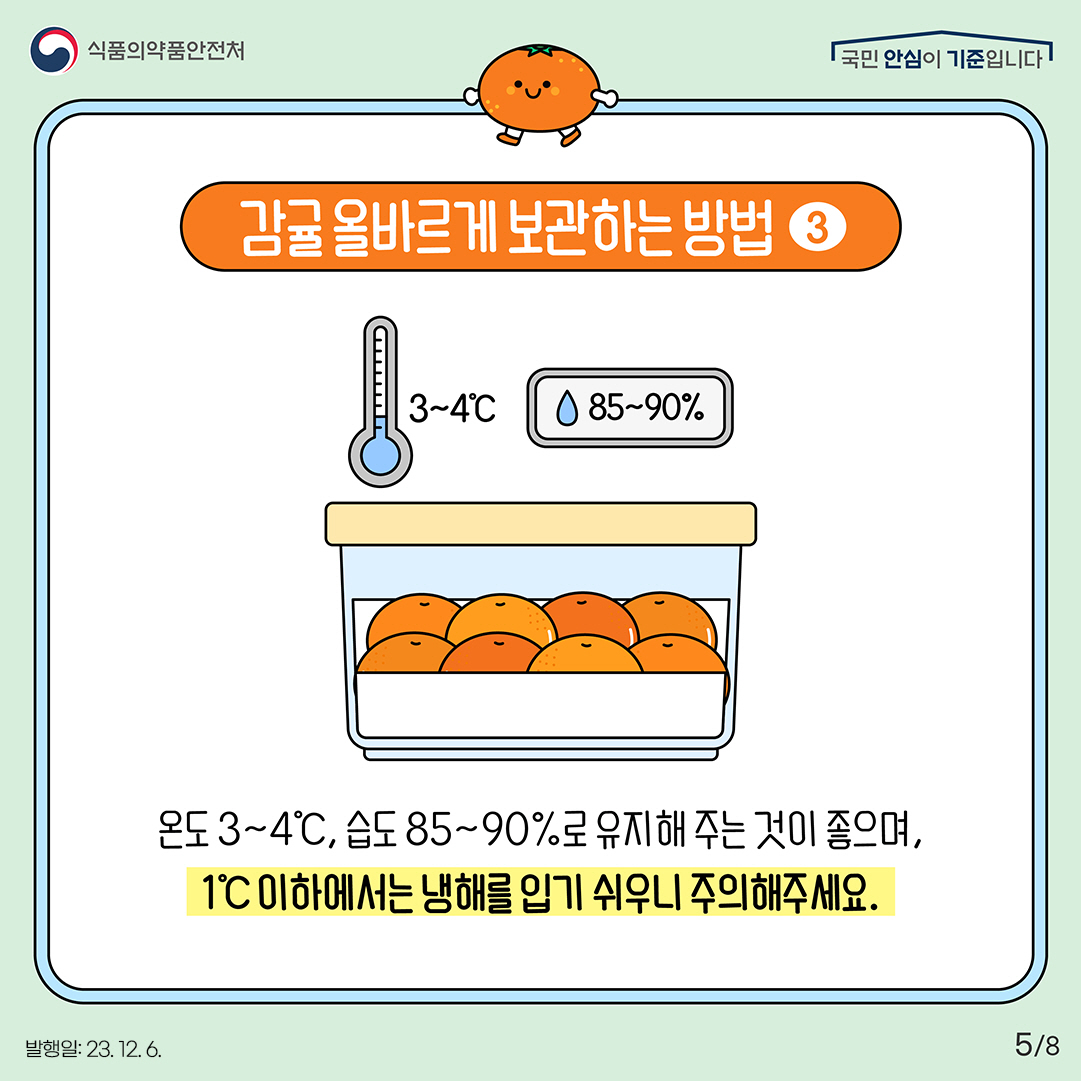 5.
감귤 올바르게 보관하는 방법 3

온도 3~4℃, 습도 85~90%로 유지해 주는 것이 좋으며,
1℃ 이하에서는 냉해를 입기 쉬우니 주의해주세요.