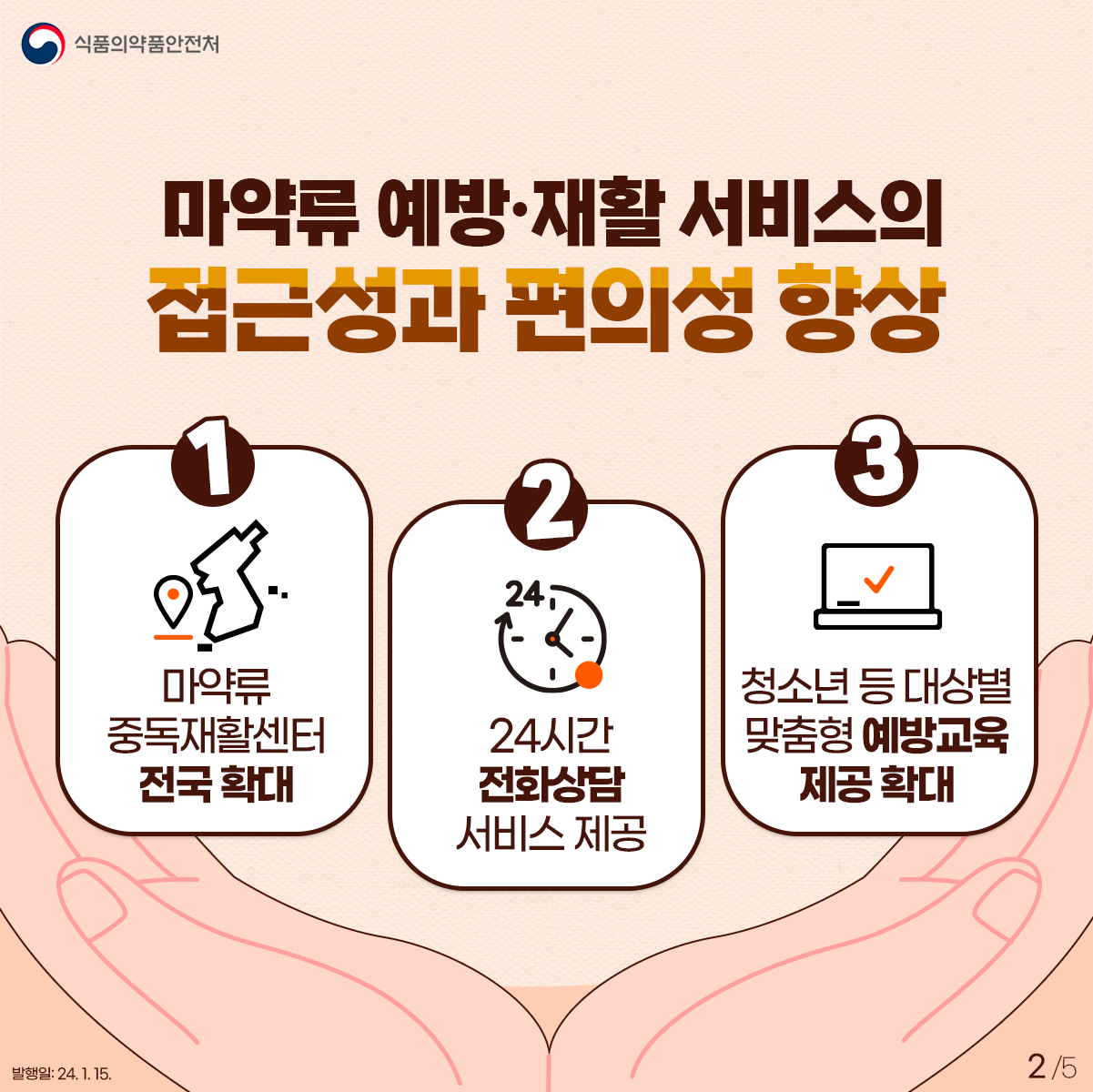 2.
마약류 예방·재활 서비스의 접근성과 편의성 향상
1) 마약류 중독재활센터 전국 확대
2) 24시 전화상담 서비스 제공
3) 청소년 등 대상별 맞춤형 예방교육 제공 확대