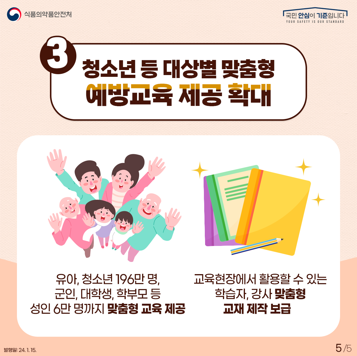 5.
3) 청소년 등 대상별 맞춤형 예방교육 제공 확대
✔ 유아, 청소년 196만명, 군인, 대학생, 학부모 등 성인 6만 명까지 맞춤형 교육 제공
✔ 교육현장에서 활용할 수 있는 학습자, 강사를 위한 맞춤형 교재 제작 보급