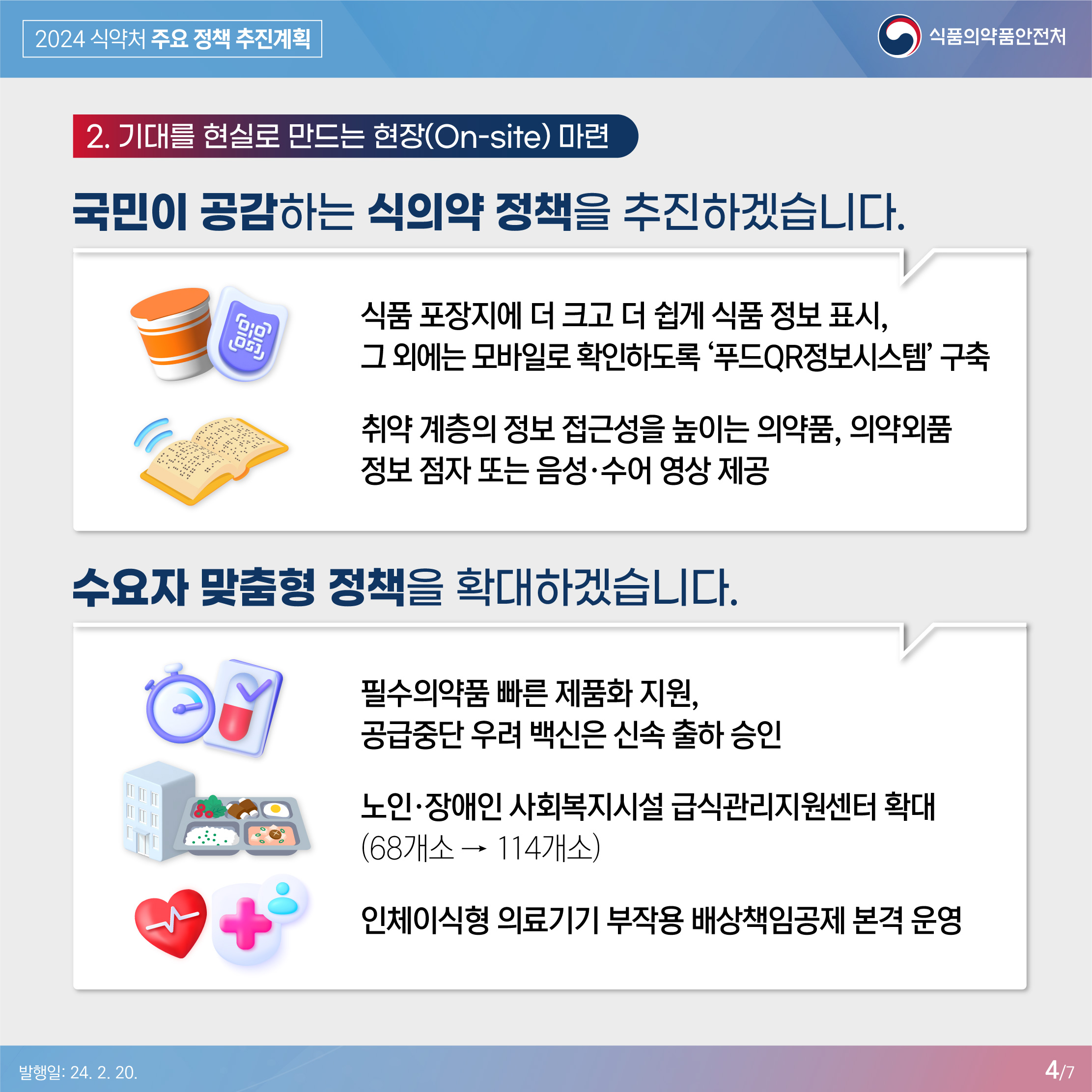 4.
2024 식약처 주요 정책 추진계획
식품의약품안전처

2. 기대를 현실로 만드는 현장(On-site)마련

국민이 공감하는 식의약 정책을 추진하겠습니다.

식품 포장지에 더 크고 더 쉽게 식품 정보 표시,
그 외에는 모바일로 확인하도록 '푸드 QR정보시스템' 구축

취약 계층의 정보 접근성을 높이는 의약품, 의약외품 정보 점자 또는 음성·수어 영상 제공

수요자 맞춤형 정책을 확대하겠습니다.

필수의약품 빠른 제품화 지원, 공급중단 우려 백신은 신속 출하 승인

노인·장애인 사회복지시설 급식관리지원센터 확대
(68개소 → 114개소)

인체이식형 의료기기 부작용 배상책임공제 본격 운영

발행일: 24. 2. 20.
4/7
