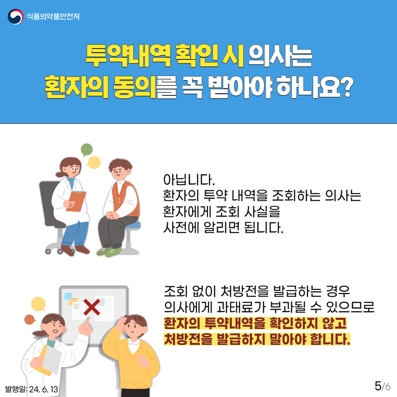 5.
식품의약품안전처

투약내역 확인 시 의사는 환자의 동의를 꼭 받아야 하나요?
아닙니다. 환자의 투약 내역을 조회하는 의사는 환자에게 조회 사실을 사전에 알리면 됩니다.

조회 없이 처방전을 발급하는 경우 의사에게 과태료가 부가될 수 있으므로 환자의 투악내역을 확인하지 않고 처방전을 발급하지 말아야 합니다.

발행일: 24. 6. 13.
5/6
