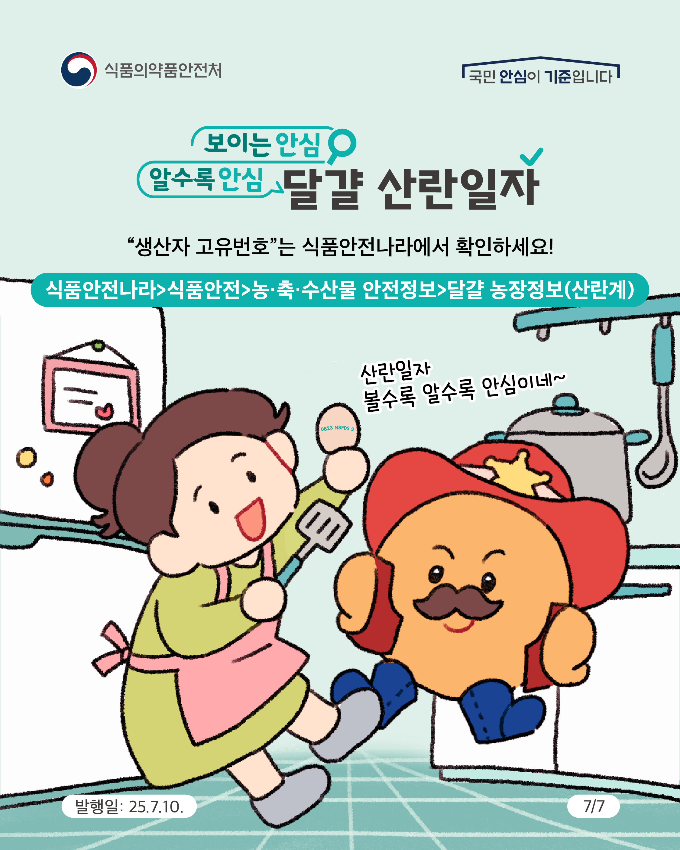 7.
식품의약품안전처
국민 안심이 기준입니다

보이는 안심
알수록 안심
달걀 산란일자

생산자 고유번호는 식품안전나라에서 확인하세요!

식품안전나라>식품안전>농·축·수산물 안전정보>달걀 농장정보(산란계)

산란일자
볼수록 알수록 안심이네~

발행일: 25.7.10.
7/7
