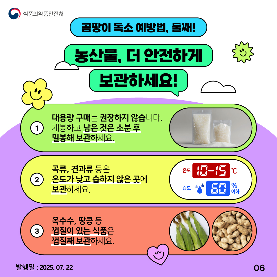 6.
식품의약품안전처

곰팡이 독소 예방법, 둘째!

농산물, 더 안전하게
보관하세요!

① 대용량 구매는 권장하지 않습니다.
개봉하고 남은 것은 소분 후
밀봉해 보관하세요.

② 곡류, 견과류 등은
온도가 낮고 습하지 않은 곳에
보관하세요.
온도 10-15℃ 습도 60% 이하

③ 옥수수, 땅콩 등
껍질이 있는 식품은
껍질째 보관하세요.

발행일 : 2025.07.22
06
