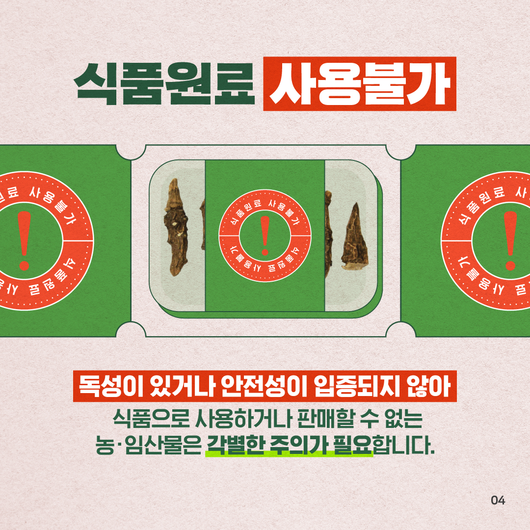 4.
식품원료 사용불가

사용불가
식품원료

식품원료 사용불가
식품원료 사용불가

식품원료
사용불가

독성이 있거나 안전성이 입증되지 않아
식품으로 사용하거나 판매할 수 없는
농·임산물은 각별한 주의가 필요합니다.

04
